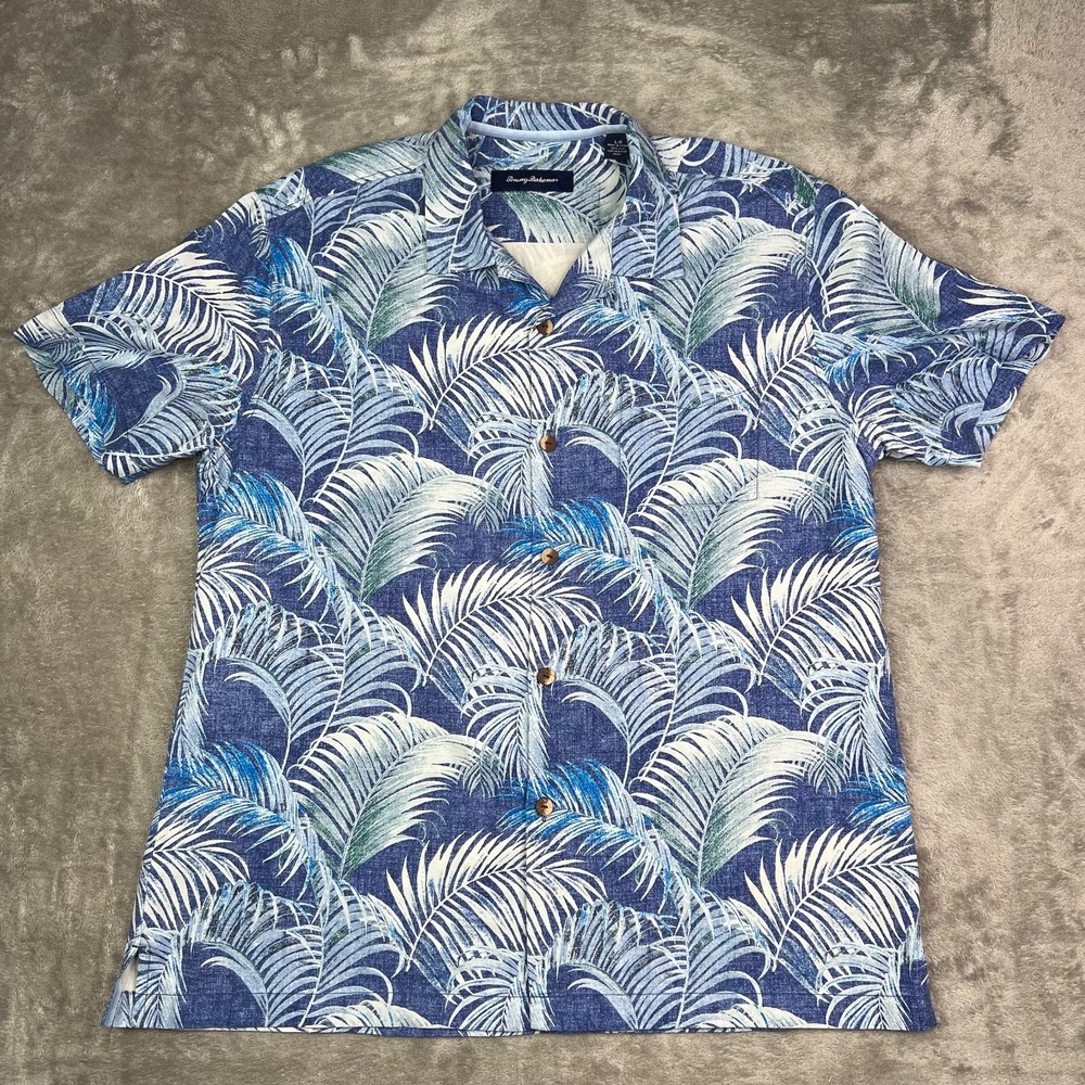 Tommy Bahama Camp Shirt Mens L Blue Floral AOP Loop Collar Hawaiian‎ Beach Silk